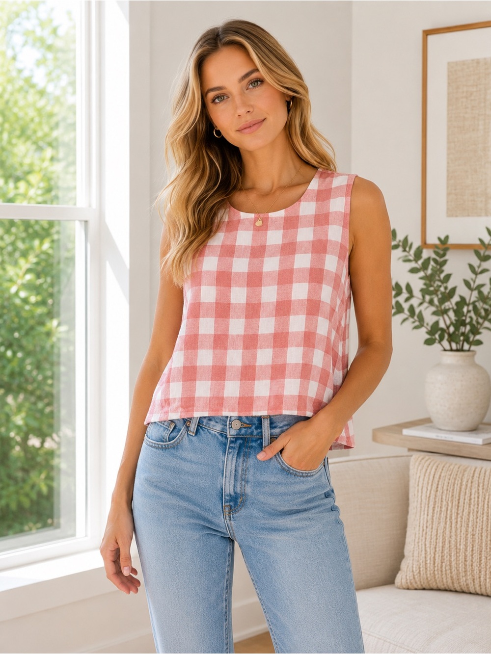 J. Crew Linen Cotton Blend Red White Gingham Sleeveless Top size 6